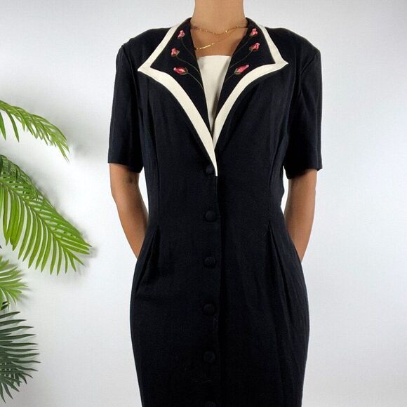 Vintage 90s Romantic Grunge Black Short Sleeve Button Down Midi Dress / 12 - Picture 3 of 6